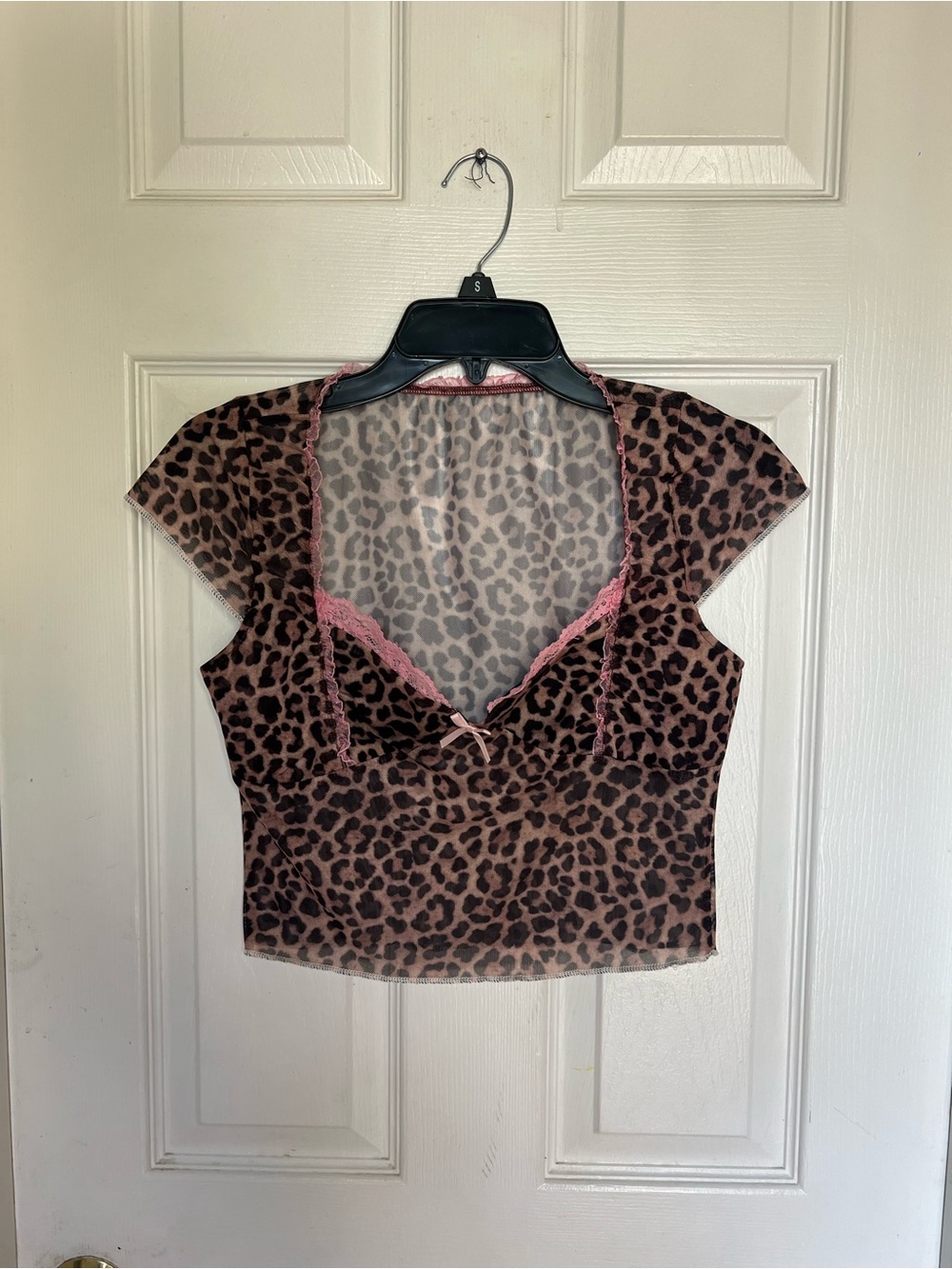 Leopard Print Lace-Trim Crop Top - Brown/Pink